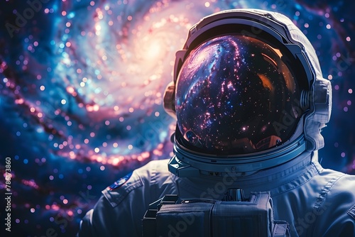 Astronaut Gazing into the Swirling Cosmos Reflected in the Helmet Amidst a Nebula of Blues and Purples