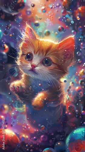 Curious Cosmic Kitten Exploring a Vibrant Parallel Universe with Imagination and Wonder
