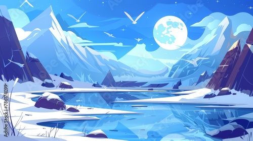 Winter landscape with snowy mountains and ice on river. Modern cartoon illustration with frozen lake, moon and birds flying in evening sky and glacier on rocky peaks. Scenic view of north pole.