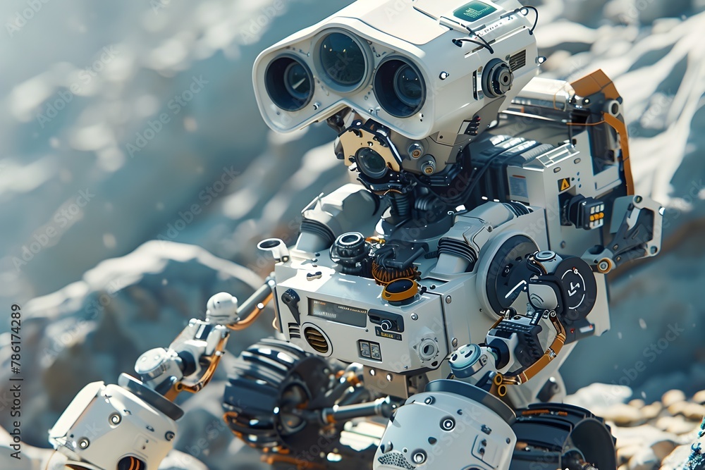 Fototapeta premium Explorer Robot Navigating Rugged Alien Terrain with Advanced Sensors and to Gather Scientific Data