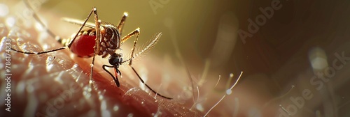 Macro shot of a dangerous Zika-infected mosquito biting human skin, illustrating the risk of transmitting diseases like Malaria, Dengue, and Yellow Fever photo