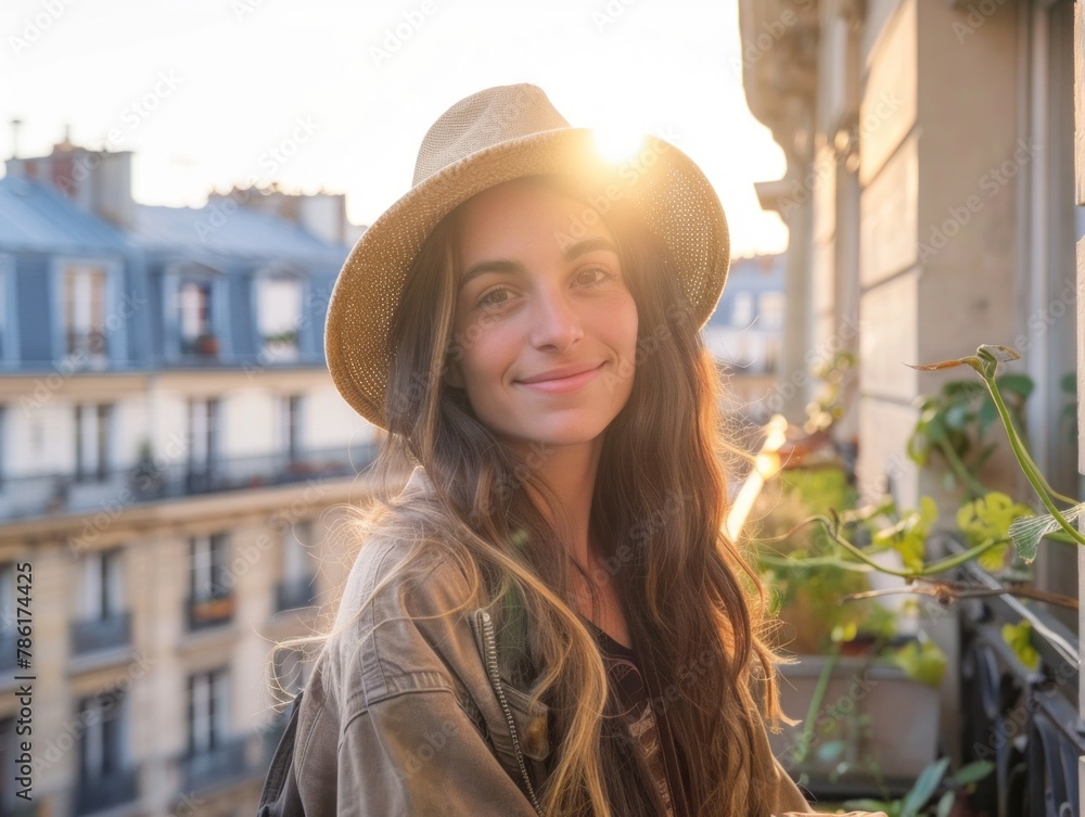 Parisian balcony in summer sunset model French baret croissant urban female close-up happy magical