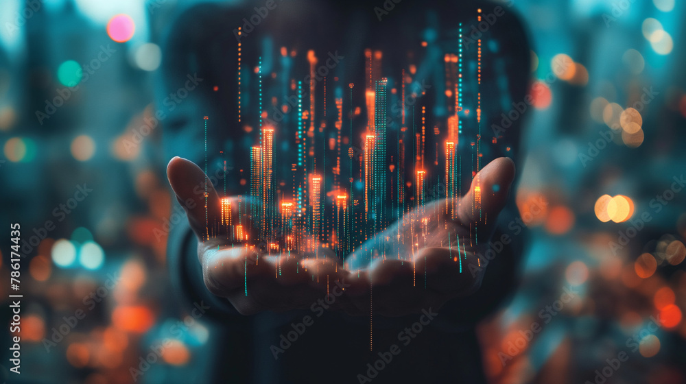 holding holographic graphs and stock market statistics gain profits. Concept of growth planning and business strategy. Corporate strategy for finance, operations, sales, marketing. - obrazy, fototapety, plakaty 
