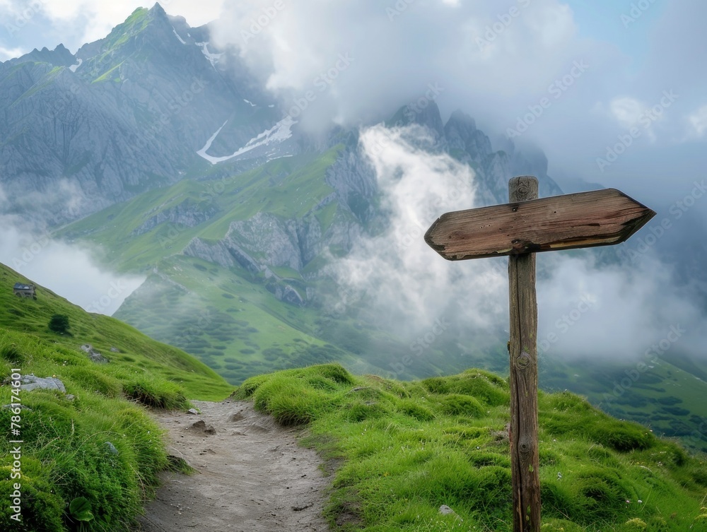 mock up Wooden sign post direction arrow isolated on village path with white clouds and mountain Direction concept. mock up Wooden sign post direction arrow isolated on village path with white clouds and mountain Direction concept.