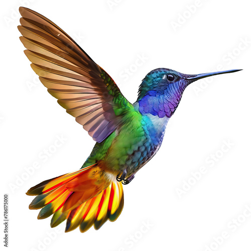 Vibrant multicolored hummingbird in flight isolated on white background