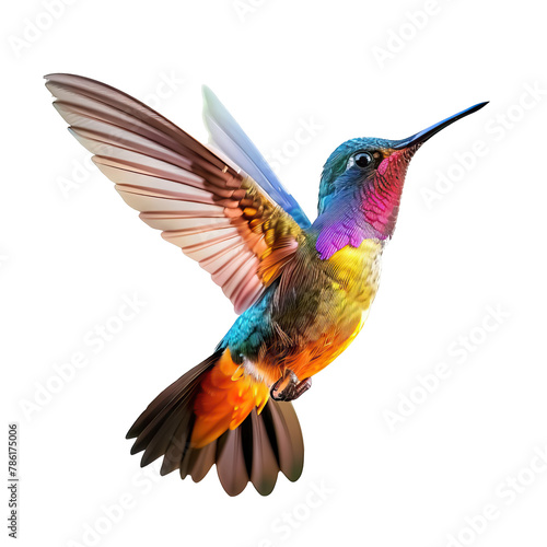 Vibrant multicolored hummingbird in flight isolated on white background