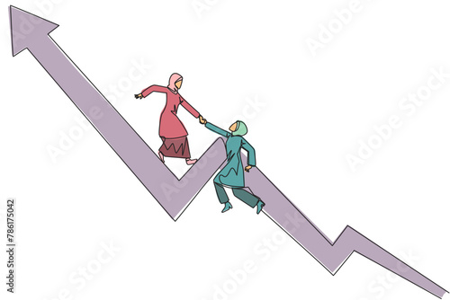 Single continuous line drawing Arabian businesswoman helps colleague to climb rising arrow symbol. Help each other to achieve satisfactory targets. Grow together. One line design vector illustration