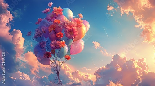 Celebration background of flowers and balloons flying in the bright sky © Barosanu