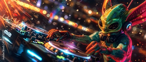 Vibrant Cosmic Alien DJ Spinning Energetic Tracks at Pulsating Intergalactic Music Festival