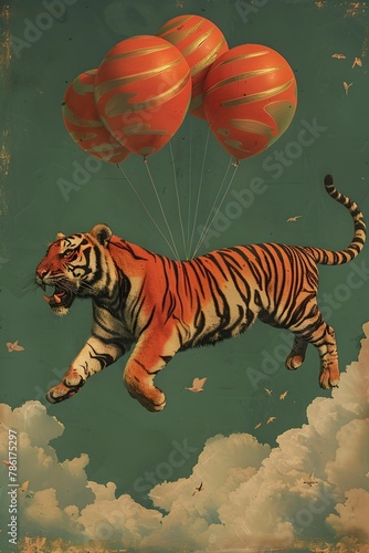 Tiger Soaring with Amber and Gold Balloons in Vibrant Emerald Landscape a Surreal