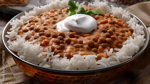 Exquisite 3D Rendered Fragrant Dal Makhani Stew with Creamy Basmati Rice in Elegant Fine Dining Restaurant Setting photo
