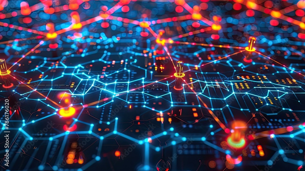Obraz premium A network of interconnected devices with glowing lines representing data transfer