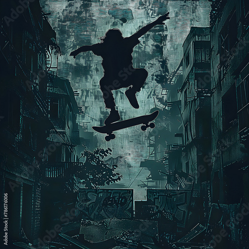 Perilous Leap Amidst Decaying Urban Landscape A Haunting of a Skateboarder s Daring Midair Jump