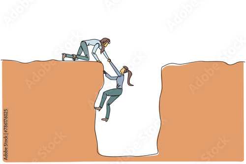 Single one line drawing businesswoman helps colleague climb a wide hole. Teamwork helps colleagues who have fallen. Inviting success together. Cohesive. Continuous line design graphic illustration