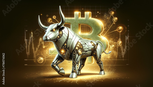 Bitcoin coin with silver robot bull and stock chart isolated on black. Bullish market of BTC.