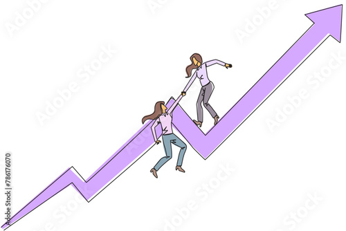 Single continuous line drawing businesswoman helps colleague to climb the rising arrow symbol. Help each other to achieve satisfactory targets. Grow together. One line design vector illustration