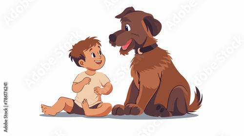 Little baby boy sitting together with big brown dog.