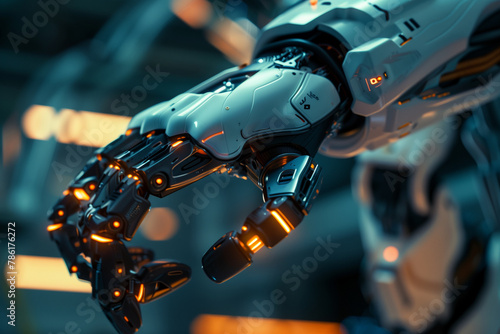 robot arm in the robotics industry, with dramatic lighting and angles that emphasize its futuristic aesthetic and technological prowess, captured in a high-tech style.