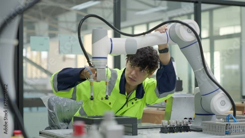 Group of multiethnic engineer researching and developing a robotics arm in scientific technology laboratory. Technician examining Industrial robot machine. Automated and manufacturing factory concepts