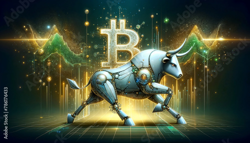 Bitcoin coin with silver robot bull and stock chart on digital background. Bullish market of BTC,