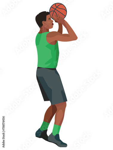 Nigerian basketball player in a green jersey who jumps on the spot and throws the ball with two hands