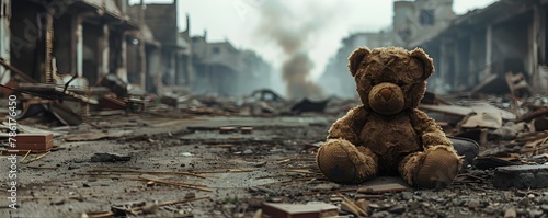 Abandoned Teddy Bear in War Torn Cityscape Depicting Desolation and Loss