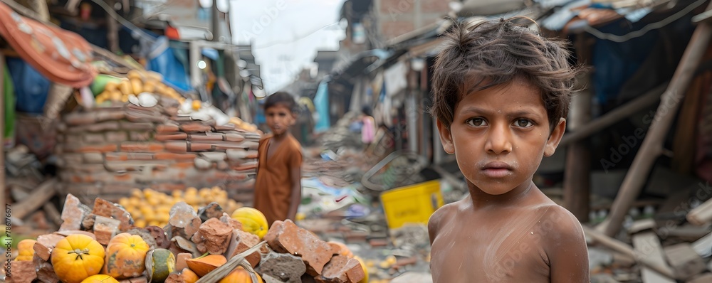 Distraught Children Amid the Rubble of a Once Thriving Urban Market Ravaged by Warfare