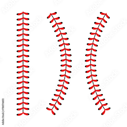 The red stitch or stitching of the baseball Isolated on white background. Sports Ball Red Laces Set. Vector illustration