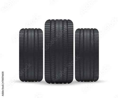 Realistic rubber tire symbol. Top view. The tread pattern of the tyre. Rubber tire for a sports car. A single car tire or tyre. On a white background. Vector illustration