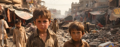 Bewildered Children Confronting Aftermath of War Ravaged Urban Marketplace photo
