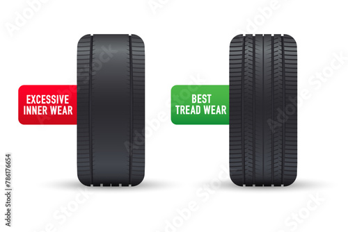Tire tread problems. Concept of tire tread problems and solutions. Broken tire. Worn black tire tread. Change the tire immediately. Top view. Vector illustration