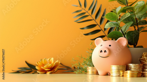 Wallpaper Mural Smiling pink pig piggy bank next to a stack of gold coins, isolated on yellow background. Investment success, savings concept, Torontodigital.ca