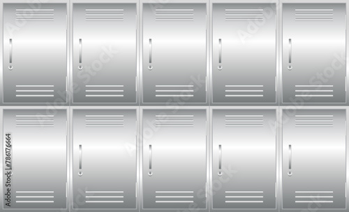 Metal locker storage cabinets for school, fitness club, gym, swimming pool realistic mockups. Wardrobe steel templates. Furniture store. Vector illustration