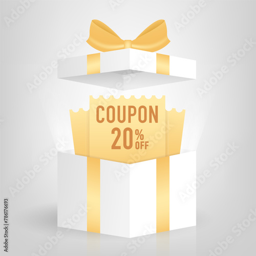 Discount coupon, voucher vector event ticket icon badge, gift box with special voucher concept. Benefit shopping holiday surprise bonus offer discount voucher. Vector illustration