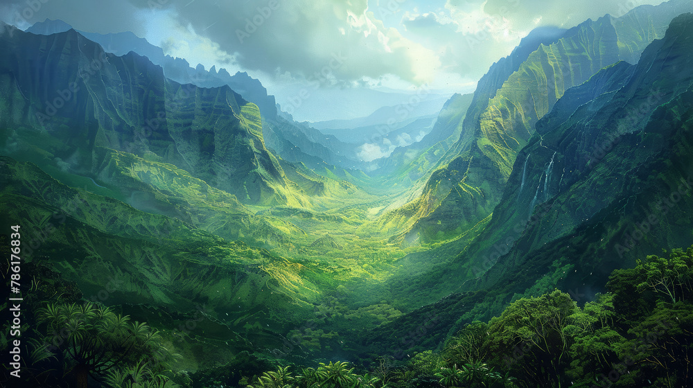 A breathtaking view of a lush green valley framed by towering mountains