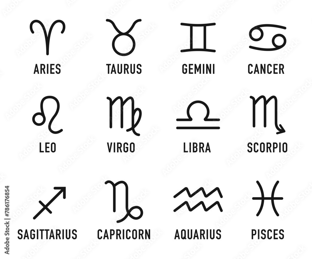 Obraz premium Zodiac signs set isolated on white background. Star signs for the astrological horoscope. Zodiac line symbols. Set of black astrological signs isolated on white background. Vector illustration