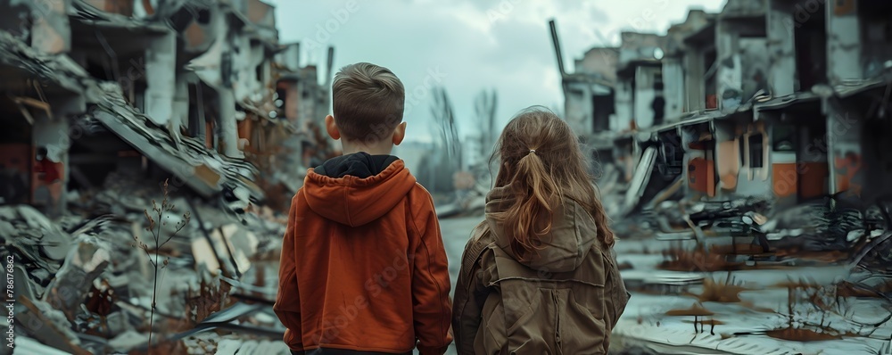 Young siblings curiously examining peeling propaganda poster on bombed out building unaware of complexities of conflict