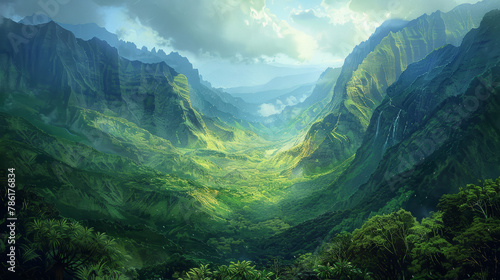 A breathtaking view of a lush green valley framed by towering mountains