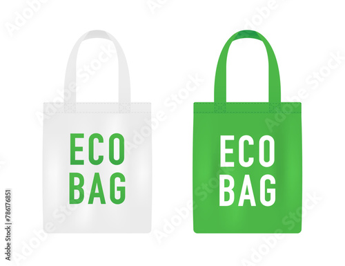 Eco Fabric Bag Fabric Isolated on White Background. Caring for the environment. Reusable eco bag mockup. Ecology sack with white and green color. Fabric eco bags with handles. Vector illustration