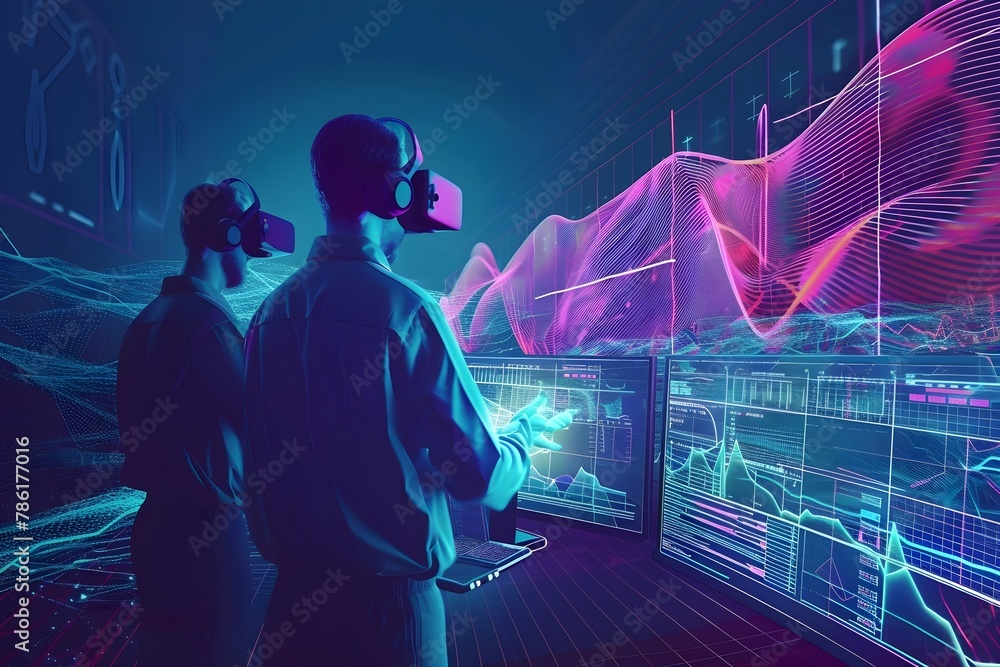 Two men wearing virtual reality headsets are looking at a computer screen with a colorful, abstract background. Concept of excitement and wonder as the men explore the digital world