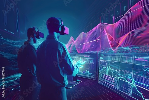 Two men wearing virtual reality headsets are looking at a computer screen with a colorful, abstract background. Concept of excitement and wonder as the men explore the digital world