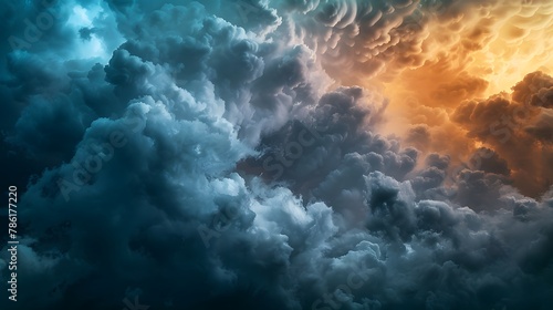 Stormy Seas and Cloudy Skies: A dramatic portrayal of turbulent weather over the ocean with billowing clouds and hints of sunlight breaking through