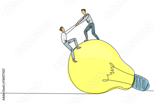 Continuous one line drawing businessman helps colleague climb the big lightbulb. Metaphors related to ideas. Brainstorm to achieve the best brilliant ideas. Single line draw design vector illustration