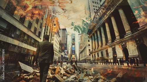 A metaphor for financial crisis and economic collapse. A collage of art.