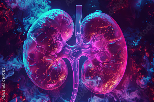 3d illustration of kidney organ. Abstract illustration with neon light and ultraviolet. Concept of health or kidney disease.  photo