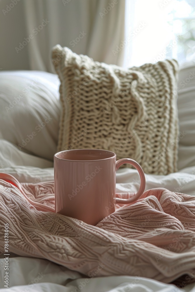 Pink Coffee Cup on Bed