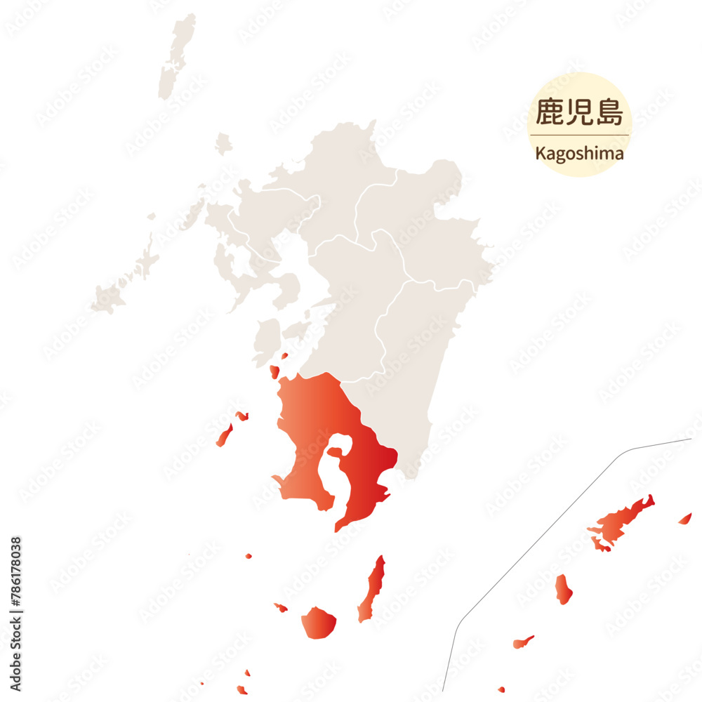 鹿児島県の明るく美しい地図、九州地方の中の鹿児島県、離島を含む 鹿児島県の明るく美しい地図、九州地方の中の鹿児島県、離島を含む