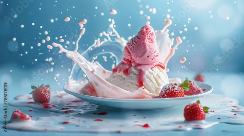 Strawberries and milk splashes on wooden table on blue background. 3d render, for product presentation, product display, banner background © Zero Zero One