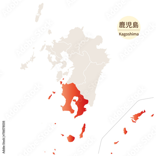 鹿児島県の明るく美しい地図、九州地方の中の鹿児島県、離島を含む