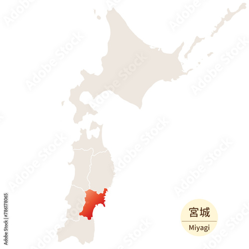 宮城県の明るく美しい地図、北海道・東北地方の中の宮城県
